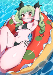 Rule 34 | 1girl, :&gt;, absurdres, afloat, anchovy (girls und panzer), arms behind head, arms up, bikini, black bikini, black ribbon, breasts, closed mouth, commentary, drill hair, girls und panzer, green hair, hair ribbon, highres, innertube, knee up, long hair, looking at viewer, lying, medium breasts, mouth hold, navel, on back, on innertube, red eyes, ribbon, riding crop, shiny skin, side-tie bikini bottom, solo, swim ring, swimsuit, tenpura32200, thong, twin drills, twintails, water, wide hips