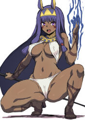 Rule 34 | 1girl, animal ears, breasts, dark skin, fate/grand order, fate (series), highres, holding, holding staff, long hair, looking at viewer, magic, medium breasts, navel, nitocris (fate), open mouth, pononozo, purple eyes, purple hair, simple background, solo, spread legs, squatting, staff, teeth, upper teeth only, white background