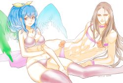 Rule 34 | 1girl, 1other, alternate hairstyle, angel wings, asymmetrical wings, bare shoulders, bikini, black hair, blue hair, breasts, choker, dated, dizzy (guilty gear), guilty gear, hair ribbon, happy, large breasts, long hair, navel, ponytail, red eyes, ribbon, skindentation, smile, stomach, swimsuit, testament (guilty gear), thick thighs, thighhighs, thighs, wings, yohane shimizu