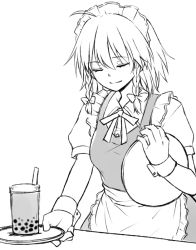 Rule 34 | 1girl, ahoge, apron, bow, braid, breasts, bubble tea, closed eyes, commentary request, cup, dress, frilled apron, frills, greyscale, hair between eyes, hair bow, holding, holding tray, izayoi sakuya, maid, maid apron, maid headdress, medium breasts, miyo (ranthath), monochrome, neck ribbon, puffy short sleeves, puffy sleeves, ribbon, short hair, short sleeves, simple background, solo, touhou, tray, twin braids, waist apron, white background
