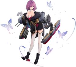 Rule 34 | 1girl, anger vein, azur lane, black footwear, black jacket, black skirt, boots, breasts, bug, butterfly, cannon, cleavage, closed eyes, full body, fur-trimmed jacket, fur trim, gloves, hair over one eye, high heel boots, high heels, highres, holding, holding clothes, holding gloves, insect, jacket, long sleeves, looking at viewer, machinery, neck ribbon, official art, open clothes, open jacket, open mouth, penelope (azur lane), pleated skirt, purple eyes, purple hair, ribbon, rigging, royal navy emblem (azur lane), rudder footwear, short hair, skirt, solo, standing, suisai (suisao), thighhighs, torpedo launcher, torpedo tubes, transparent background, white thighhighs