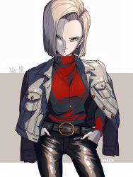 Rule 34 | 1girl, android 18, artist name, belt, belt buckle, blonde hair, blue eyes, blue jacket, buckle, casual, character name, closed mouth, cowboy shot, denim, denim jacket, dragon ball, dragonball z, expressionless, hands in pockets, highres, jacket, jacket on shoulders, jeans, jewelry, long sleeves, looking at viewer, necklace, pants, red sweater, short hair, solo, sweater, tama azusa hatsu, turtleneck, turtleneck sweater, two-tone background