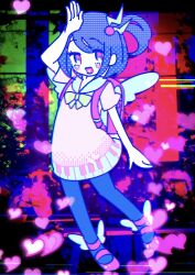 Rule 34 | 1girl, abstract background, alude-chan (hanada hyou), arm above head, backpack, bag, black hair, black pantyhose, blush stickers, bow, bowtie, collar, collared shirt, commentary request, dress, eyelashes, full body, hair bobbles, hair ornament, hanada hyou, heart, heart-shaped blush stickers, heart in mouth, high contrast, highres, lightning bolt, lightning bolt hair ornament, lightning bolt symbol, looking at viewer, mary janes, multicolored background, one side up, open mouth, original, pantyhose, piano print, pink dress, red bag, red eyes, red footwear, shirt, shoes, short dress, short hair, short sleeves, smile, white collar, white wings, winged bag, winged footwear, wings, yellow bow, yellow bowtie