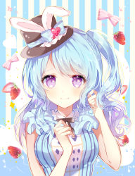 Rule 34 | 1girl, animal ears, bad id, bad pixiv id, bang dream!, black hair, black ribbon, blue bow, blue hair, bow, clenched hands, fake animal ears, food, frilled shirt collar, frills, fruit, hands up, hat, hat bow, hat ornament, heart, highres, long hair, looking at viewer, matsubara kanon, neck ribbon, one side up, pink bow, purple eyes, rabbit ears, ribbon, shirt, smile, solo, strawberry, striped background, striped bow, striped clothes, striped shirt, taya oco, top hat, upper body, vertical-striped clothes, vertical-striped shirt