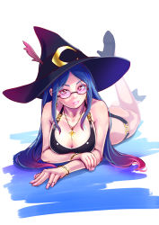 Rule 34 | 10s, 1girl, ass, atatatamu, bikini, black bikini, blue hair, bracelet, breasts, cleavage, crescent, earrings, feet up, full body, glasses, gradient hair, hat, hat feather, heart, heart-shaped pupils, high heels, highres, jewelry, large breasts, lips, little witch academia, long hair, looking at viewer, lying, multicolored hair, nail polish, necklace, on stomach, pink hair, pink nails, purple eyes, solo, star (symbol), star earrings, swimsuit, symbol-shaped pupils, ursula callistis, witch hat