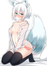 Rule 34 | 1girl, 3:, absurdres, anal, anal object insertion, animal ears, aqua eyes, bad id, bad pixiv id, bare shoulders, between legs, black thighhighs, blush, breasts, closed mouth, collarbone, dress shirt, fox ears, fox tail, grey background, hair between eyes, hand between legs, heart, heavy breathing, highres, kneeling, looking at viewer, medium breasts, moyoron, naked shirt, nipples, nose blush, object insertion, original, pillow, ponytail, see-through, shirt, sidelocks, simple background, solo, tail, thighhighs, thighs, trembling, white background, white hair, x-ray