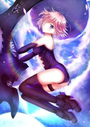 Rule 34 | 1girl, bare shoulders, black footwear, black gloves, boots, character cutout, elbow gloves, fate/grand order, fate (series), floating hair, full body, gloves, hair over one eye, highres, leotard, mash kyrielight, parted lips, pink hair, purple eyes, purple leotard, shiny skin, short hair, soda (sodachuxd), solo, thigh boots, thigh strap, thighhighs
