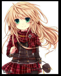Rule 34 | 1boy, androgynous, blonde hair, blush, chung seiker, coat, elsword, framed, green eyes, hair flaps, long hair, male focus, plaid, plaid scarf, plaid skirt, red scarf, rudia, scarf, skirt, smile, solo, trap, white background