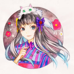 Rule 34 | 10s, 1girl, bad id, bad pixiv id, black hair, blue eyes, bug, butterfly, butterfly on hand, cat, flower, hair flower, hair ornament, hair ribbon, insect, japanese clothes, kimono, makeup, marimari (show by rock!!), nail polish, purple nails, renren (suiren-ame), ribbon, show by rock!!, solo, traditional media, upper body, watercolor pencil (medium)