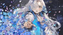 Rule 34 | 1girl, absurdres, blue dress, blue flower, blue hair, blush, commentary request, dark background, dress, expressionless, flower, grey eyes, hair flower, hair ornament, hair over one eye, hand on own chest, highres, isekai joucho, kamitsubaki studio, long hair, long sleeves, looking at viewer, milestone celebration, multicolored hair, nemophila (flower), official art, orie h, parted lips, petals, reaching, reaching towards viewer, second-party source, solo, two-tone dress, two-tone hair, upper body, virtual youtuber, white dress, white hair
