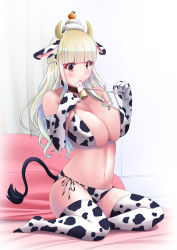 Rule 34 | 1girl, absurdres, akihiro0920, animal ears, animal print, bell, bikini, bikini top lift, blanket, blonde hair, blunt bangs, blush, breasts, choker, clothes lift, cow ears, cow horns, cow print, cow print bikini, cow tail, curtains, elbow gloves, food-themed hair ornament, full body, gloves, hair ornament, hands up, highres, horns, large breasts, lifting own clothes, long hair, mouth hold, navel, neck bell, on floor, original, print bikini, red eyes, shadow, side-tie bikini bottom, sitting, skindentation, solo, strap lift, swimsuit, tail, thighhighs