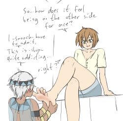 Rule 34 | 1boy, 1girl, ?, aris (ethan ppj), barefoot, brown hair, english text, ethan(33327245), feet, foot worship, freckles, grey hair, highres, kaede (ethan ppj), open mouth, original, short hair, simple background, soles, toes, white background, white hair