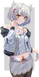 Rule 34 | 1girl, animal ear fluff, animal ears, bare shoulders, blue gemstone, blush, braid, breasts, brown eyes, camisole, closed mouth, collarbone, commentary request, fingerless gloves, gem, gloves, grey background, grey hair, half gloves, hand up, highres, jacket, kyaro (wanu 14), long sleeves, looking at viewer, midriff peek, mio (xenoblade), navel, open clothes, open jacket, pleated skirt, puffy long sleeves, puffy sleeves, skirt, small breasts, smile, solo, two-tone background, white background, white camisole, white gloves, white jacket, white skirt, xenoblade chronicles (series), xenoblade chronicles 3