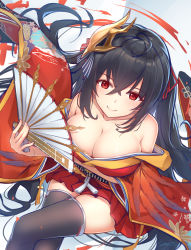 Rule 34 | 1girl, aircraft, airplane, artist name, azur lane, bare shoulders, black hair, black thighhighs, breasts, cleavage, crossed legs, dated, folding fan, from above, hair between eyes, hair ribbon, hand fan, highres, japanese clothes, kimono, large breasts, long hair, looking at viewer, mask, mask on head, off shoulder, red eyes, red kimono, red ribbon, ribbon, shenhai (2556146833), shikigami, sitting, smile, solo, taihou (azur lane), thighhighs, twintails, very long hair
