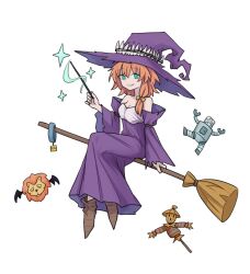 Rule 34 | 1girl, aqua eyes, black souls, bow, broom, broom riding, brown footwear, chinese commentary, dorothy (black souls), dress, hair bow, hair over shoulder, hat, highres, looking at viewer, off-shoulder dress, off shoulder, orange hair, parted lips, purple dress, purple hat, purple sleeves, rabbit king, short hair with long locks, smile, solo, wand, witch, witch hat, yellow bow