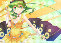 Rule 34 | 1girl, bare shoulders, breasts, cleavage, female focus, goggles, goggles on head, gradient background, green eyes, green hair, gumi, headphones, kail, matching hair/eyes, microphone, navel, red-tinted eyewear, skirt, smile, solo, speaker, star (symbol), symbol-shaped pupils, tinted eyewear, vocaloid, wrist cuffs