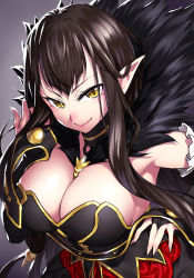 Rule 34 | 1girl, bare shoulders, black dress, black gloves, black hair, breasts, bridal gauntlets, brown hair, cleavage, closed mouth, detached sleeves, dress, fate/apocrypha, fate (series), feather trim, fingernails, fur trim, gloves, grey background, highres, large breasts, lips, long hair, looking at viewer, onsoku inu, pink lips, pointy ears, semiramis (fate), simple background, slit pupils, smile, solo, underbust, upper body, yellow eyes