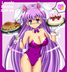 Rule 34 | 1girl, alternate costume, animal ears, blush, bow, bowtie, breasts, cake, cameltoe, candle, character name, cleavage, covered navel, english text, fake animal ears, fire emblem, fire emblem: the binding blade, food, full-face blush, gloves, groin, highres, large breasts, long hair, nintendo, playboy bunny, purple eyes, purple hair, rabbit ears, shiguko, smile, sophia (fire emblem), strapless, turkey (food), very long hair, white gloves