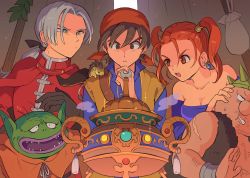 Rule 34 | 1girl, 1other, 3boys, animal, animal on shoulder, bandana, bare shoulders, breasts, brown eyes, brown hair, cape, cleavage, closed mouth, commentary request, corset, dragon quest, dragon quest viii, earrings, gloves, goblin, hero (dq8), highres, jessica albert, jewelry, kukuru (dq8), looking at object, multiple boys, noshima, open mouth, purple shirt, red hair, shirt, short hair, square enix, straight-on, strapless, twintails, yangus