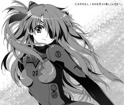 Rule 34 | 00s, 10s, 1girl, artist name, bodysuit, breasts, carnelian, duct tape, evangelion: 2.0 you can (not) advance, evangelion: 3.0 you can (not) redo, eyepatch, floating hair, greyscale, hair ornament, light smile, long hair, looking at viewer, monochrome, neon genesis evangelion, plugsuit, rebuild of evangelion, smile, souryuu asuka langley, test plugsuit, turtleneck, upper body, very long hair