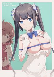 Rule 34 | ahoge, asou (asabu202), bare shoulders, belt, blue background, blue eyes, bow, bowtie, breasts, breasts out, character name, closed mouth, covered erect nipples, dress, dungeon ni deai wo motomeru no wa machigatteiru darou ka, grin, hair ornament, hestia (danmachi), highres, jealous, large breasts, liliruca arde, long hair, navel, shade, short hair, sidelocks, simple background, small breasts, smile, torn clothes, twintails