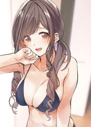Rule 34 | 1girl, armpits, bare shoulders, bikini, blush, breasts, brown eyes, brown hair, cleavage, collarbone, eyes visible through hair, hand on own chin, hand up, highres, idolmaster, idolmaster shiny colors, large breasts, long hair, low twintails, navel, open mouth, pekoni (peconi), solo, swimsuit, tsukioka kogane, twintails