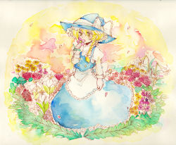 Rule 34 | 1girl, blonde hair, bow, braid, dress, female focus, field, flower, flower field, hat, hat bow, highres, holding, holding flower, kirisame marisa, painting (medium), single braid, smelling flower, solo, tigern, touhou, traditional media, watercolor (medium), witch, witch hat, yellow eyes