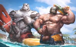 Rule 34 | 2boys, abs, absurdres, alternate costume, animal ears, arknights, bara, blue male swimwear, bulge, chest tattoo, clothes lift, commission, crossover, erection, feet out of frame, furry, furry male, furry with non-furry, gun, helmet, highres, holding, holding gun, holding surfboard, holding weapon, interspecies, large hands, large pectorals, large testicles, lindong, looking at viewer, male focus, male pubic hair, male swimwear, male swimwear aside, mature male, mountain (arknights), multiple boys, muscular, muscular male, navel, nipples, no male underwear, over shoulder, pectorals, penis, pubic hair, rainbow six siege, red male swimwear, scar, scar across eye, scar on arm, scar on face, scar on stomach, second-party source, shirt lift, short hair, stomach, surfboard, swim trunks, tachanka (rainbow six siege), tank top, tattoo, testicles, tiger boy, tiger ears, topless male, uncensored, wading, weapon, weapon over shoulder, wet, wet clothes, white fur, white tank top, wristband
