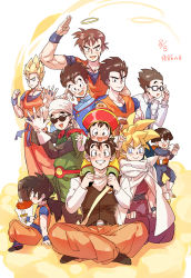 Rule 34 | 6+boys, age progression, aged down, armor, black hair, blue eyes, brown eyes, cape, child, dated, dougi, dragon ball, dragon ball (object), dragonball z, earrings, food, glasses, gloves, great saiyaman, halo, hat, highres, jewelry, knife, male focus, meat, multiple boys, multiple persona, necktie, potara earrings, scar, signature, simple background, son gohan, sunglasses, super saiyan, super saiyan 1, white gloves, xiogun