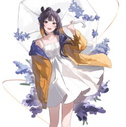 Rule 34 | 1girl, absurdres, alternate costume, animal ears, black hair, blush, breasts, coat, commentary, cowboy shot, dress, fang, flower, gradient hair, hair flower, hair ornament, highres, holding, holding umbrella, hololive, hololive english, long hair, looking at viewer, multicolored hair, ninomae ina&#039;nis, off shoulder, open clothes, open coat, open mouth, orange coat, orange hair, pleated dress, pointy ears, ponytail, purple eyes, raincoat, ryat, simple background, small breasts, smile, solo, spaghetti strap, standing, tentacle hair, two-sided coat, two-sided fabric, two-tone hair, umbrella, violet (ninomae ina&#039;nis), virtual youtuber, white background, white dress, wind, wind lift