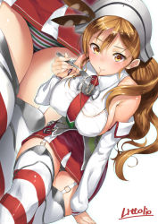 Rule 34 | 10s, 1girl, bad id, bad nicoseiga id, blush, breasts, brown eyes, brown hair, character name, detached sleeves, eating, english text, engrish text, female focus, food, fork, garter straps, hat, italian flag, italian text, kantai collection, large breasts, littorio (kancolle), long hair, looking at viewer, miniskirt, neo-masterpeacer, panties, pasta, ranguage, sideboob, skirt, smile, solo, spaghetti, striped clothes, striped panties, striped thighhighs, thighhighs, underwear, zettai ryouiki, zoom layer