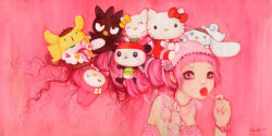 badtz-maru bird camilla_d&#039;errico candy cat cinnamoroll dog donut food fuwa_fuwa_cinnamoroll hair_ribbon hello_kitty hello_kitty_(character) highres holding holding_candy holding_food holding_lollipop lollipop long_hair mimmy_(hello_kitty) my_melody onegai_my_melody pale_skin panda pandapple penguin pink_background pink_hair pink_nails pompompurin rabbit ribbon sanrio short_bangs