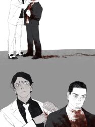 Rule 34 | 2boys, black hair, blood, blood on clothes, blood on hands, blood trail, bright pupils, chengongzi123, closed mouth, collared coat, collared shirt, facing another, formal, golden kamuy, grey background, grey hair, hands up, head out of frame, highres, koito otonoshin, long sleeves, looking at viewer, male focus, multiple boys, multiple views, necktie, shirt, simple background, smile, spot color, standing, suit, tsukishima hajime, upper body, white background, white pupils, wiping face