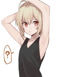 Rule 34 | 1boy, ?, ahoge, androgynous, armpits, arms up, bad id, bad twitter id, blonde hair, collarbone, erubo, hair between eyes, male focus, original, red eyes, short hair, simple background, solo, spoken question mark, trap, white background