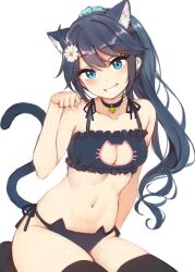 Rule 34 | 1girl, animal ear fluff, animal ears, bare arms, bare shoulders, bell, black bra, black panties, black thighhighs, blue eyes, bra, breasts, cat cutout, cat ear panties, cat ears, cat girl, cat lingerie, cat tail, cleavage cutout, clothing cutout, collarbone, flower, frilled bra, frills, grin, groin, hair between eyes, hair flower, hair ornament, hand up, head tilt, highres, jingle bell, long hair, looking at viewer, medium breasts, meme attire, nagami yuu, navel, neck bell, no shoes, original, panties, paw pose, ponytail, side-tie panties, simple background, smile, solo, tail, thighhighs, underwear, underwear only, very long hair, white background, white flower