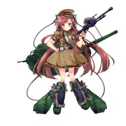 Rule 34 | 1girl, :&lt;, belt, between breasts, blush, boots, breasts, cable, cannon, full body, grey eyes, gun, hat, kolobanov (milihime taisen), long hair, looking at viewer, machine gun, medium breasts, milihime taisen, military, military hat, military uniform, necktie, necktie between breasts, official art, red hair, red star, running track, solo, star (symbol), translation request, transparent background, uniform, weapon
