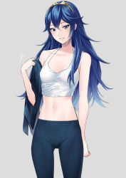 Rule 34 | 1girl, alternate costume, ameno (a meno0), blue eyes, blue hair, blue pants, blue sweater, blush, breasts, collarbone, fire emblem, fire emblem awakening, grey background, grin, hair between eyes, lips, long hair, looking at viewer, lucina (fire emblem), midriff, navel, nintendo, pants, pink lips, ribbed sweater, simple background, sleeveless, small breasts, smile, solo, stomach, sweat, sweater, unworn sweater, tank top, teeth, tiara, white tank top, yoga pants