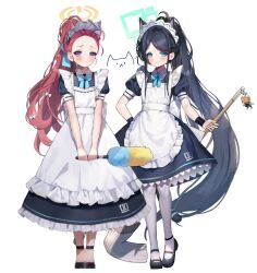 Rule 34 | 2girls, ahoge, animal ears, apron, aqua bow, aqua bowtie, aqua eyes, aris (blue archive), aris (maid) (blue archive), black dress, black footwear, black hair, black wristband, blue archive, blush, bow, bowtie, cat ears, cat tail, collar, dress, embarrassed, extra ears, forehead, full body, hair bow, halo, hanato (seonoaiko), high ponytail, holding, holding mop, long dress, long hair, maid, maid apron, maid headdress, mary janes, mop, multiple girls, official alternate costume, pantyhose, parted bangs, ponytail, purple eyes, red hair, shoes, simple background, smile, tail, very long hair, white background, white bow, white collar, white pantyhose, wristband, yuzu (blue archive), yuzu (maid) (blue archive)
