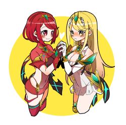 Rule 34 | 2girls, absurdres, bare legs, bare shoulders, black gloves, blonde hair, breasts, chest jewel, cleavage, cleavage cutout, clothing cutout, dress, earrings, elbow gloves, fingerless gloves, gloves, headpiece, highres, jewelry, kaneda tamago, large breasts, long hair, multiple girls, mythra (xenoblade), pyra (xenoblade), red hair, red shorts, short dress, short hair, short shorts, shorts, thigh strap, tiara, very long hair, white dress, white gloves, xenoblade chronicles (series), xenoblade chronicles 2, yellow eyes