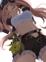 1girl absurdres arms_up bangboo_(zenless_zone_zero) black_shorts breasts commentary cowboy_shot crop_top cutoffs hair_ornament hairclip head_tilt highres large_breasts midriff navel nicole_demara pink_hair short_shorts shorts solo standing stomach wafuu_tsunamayo yellow_eyes zenless_zone_zero