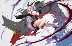 Rule 34 | 1girl, absurdly long hair, artillery, azur lane, black footwear, black gloves, black necktie, black sleeves, boots, breasts, corset, crop top, cross, detached sleeves, gloves, hair ribbon, high-waist skirt, iron cross, large breasts, long hair, necktie, non-humanoid robot, open mouth, outstretched arm, pleated skirt, prinz heinrich (azur lane), red eyes, ribbon, robot, robot animal, rudder footwear, skirt, solo, turret, underboob, unfinished, very long hair, waa! okami, white hair