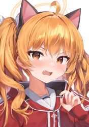 Rule 34 | 1girl, absurdres, ahoge, animal ears, blonde hair, blue archive, blush, cat ears, fake animal ears, fang, halo, highres, hood, hood down, hooded jacket, jacket, jiyasu, long hair, long sleeves, looking at viewer, open mouth, red jacket, simple background, solo, twintails, upper body, white background, yellow eyes, yellow halo, yoshimi (blue archive)