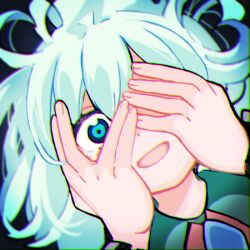 Rule 34 | 1girl, aqua hair, black background, blue eyes, buttons, collar, collared shirt, crying, crying with eyes open, diamond (shape), diamond button, frilled shirt, frilled sleeves, frills, green collar, hair between eyes, hands on own face, komeiji koishi, long sleeves, medium hair, one eye covered, open mouth, shirt, simple background, smile, tears, touhou, yamase, yellow shirt