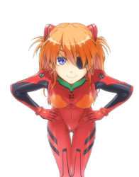 Rule 34 | 10s, 1girl, blue eyes, bodysuit, breasts, covered erect nipples, evangelion: 3.0 you can (not) redo, eyepatch, hakui ami, hands on own hips, hip focus, latex, leaning forward, long hair, looking at viewer, md5 mismatch, neon genesis evangelion, orange hair, plugsuit, rebuild of evangelion, resolution mismatch, simple background, skin tight, smile, smirk, solo, source smaller, souryuu asuka langley, thigh gap, thighs