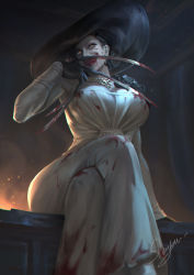 Rule 34 | 1girl, absurdres, alcina dimitrescu, black gloves, black hair, blood, breasts, cleavage, dress, earrings, fingernails, gloves, hat, highres, jewelry, licking lips, lipstick, long fingernails, looking at viewer, makeup, mature female, necklace, pale skin, resident evil, resident evil village, sariya asa, sharp fingernails, short hair, solo, sun hat, tall female, tongue, tongue out, vampire, white dress, yellow eyes