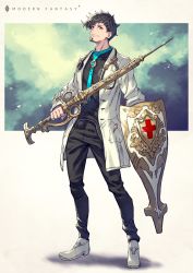 Rule 34 | 1boy, black hair, black pants, closed mouth, coat, doctor, english text, facial hair, full body, goatee, head tilt, highres, holding, holding syringe, holding weapon, kusano shinta, lab coat, large syringe, looking at viewer, male focus, necktie, open clothes, open coat, orange eyes, original, oversized object, pants, pen in pocket, shield, shoes, simple background, smile, solo, standing, stethoscope, symbol, syringe, weapon