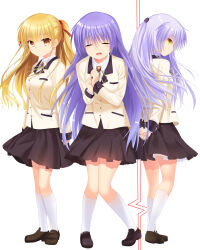 Rule 34 | 3girls, alternate costume, angel beats!, arms at sides, arms behind back, black footwear, black skirt, blonde hair, blush, breasts, closed eyes, closed mouth, collared shirt, commentary, commission, cosplay, crying, expressionless, eyes visible through hair, floating hair, full body, hair between eyes, hair over shoulder, half updo, hands up, highres, irie miyuki, jacket, knees together feet apart, light purple hair, loafers, long hair, long sleeves, looking at viewer, looking back, miniskirt, multiple girls, open mouth, orange eyes, otou (otou san), own hands together, pleated skirt, ponytail, profile, red ribbon, ribbon, school uniform, shirt, shoes, shy, sideways glance, simple background, skirt, small breasts, socks, standing, tears, tenshi (angel beats!), very long hair, wavy mouth, white background, white hair, white shirt, white socks, yellow eyes, yellow jacket, yellow ribbon, yusa (angel beats!)