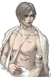 Rule 34 | 1boy, arm sling, bags under eyes, bandaged arm, bandages, bandaid, bandaid on arm, bandaid on hand, bed sheet, bite mark, bite mark on neck, bite mark on shoulder, blanket, blood, bloody bandages, blue eyes, brown hair, collarbone, curtained hair, cuts, highres, injury, leon s. kennedy, looking to the side, male focus, mrs.yega (nai0026er), muscular, muscular male, resident evil, resident evil 4, resident evil 4 (remake), scratches, short hair, sitting, solo, topless male