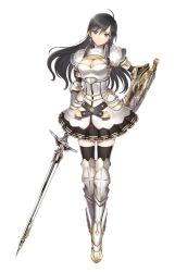 Rule 34 | 1girl, absurdres, armor, armored boots, black skirt, black thighhighs, boobplate, boots, braid, breastplate, breasts, cleavage, cross, cross earrings, earrings, elbow gloves, full body, gauntlets, gloves, grey eyes, hair between eyes, hand on own hip, head tilt, highres, holding, holding sword, holding weapon, jewelry, long hair, looking at viewer, medium breasts, official art, shield, shining (series), shining resonance, shoulder armor, shoulder pads, sidelocks, simple background, skirt, smile, solo, sonia blanche, sonia branche, standing, sword, thighhighs, tony taka, weapon, white background, zettai ryouiki