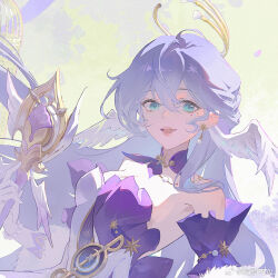 Rule 34 | 1girl, aqua eyes, bare shoulders, birdcage, bracelet, breasts, cage, cleavage, detached sleeves, dress, facial mark, gloves, hair between eyes, halo, head wings, holding, holding staff, honkai: star rail, honkai (series), jewelry, long hair, open mouth, purple dress, purple hair, robin (honkai: star rail), short sleeves, shuang wu, smile, solo, staff, teeth, two-tone dress, upper body, upper teeth only, white dress, white gloves, white wings, wings